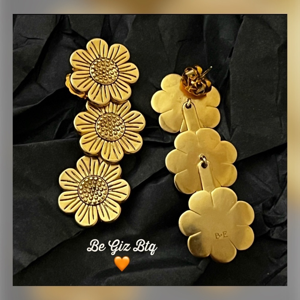 BINKER + ELIZA Authentic Daisy 24K Gold Plated Triple Drop Earrings NWT - Picture 6 of 6